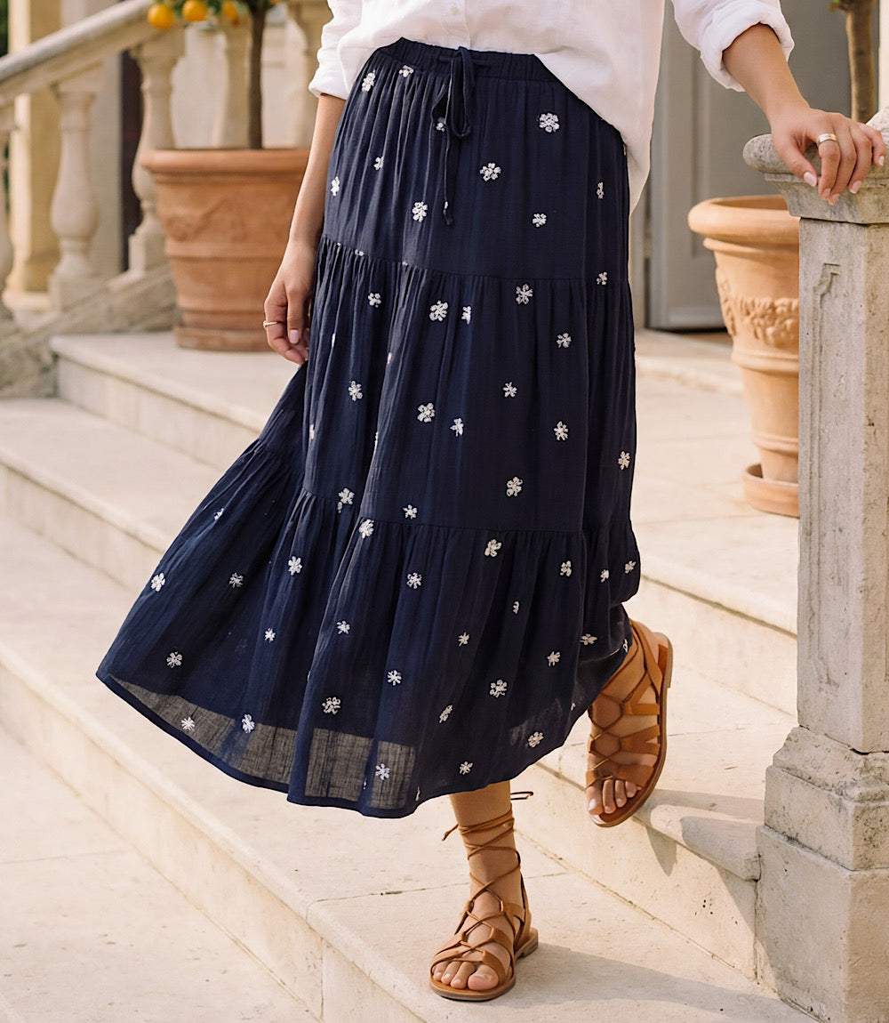Embroidered Tiered Midi Skirt