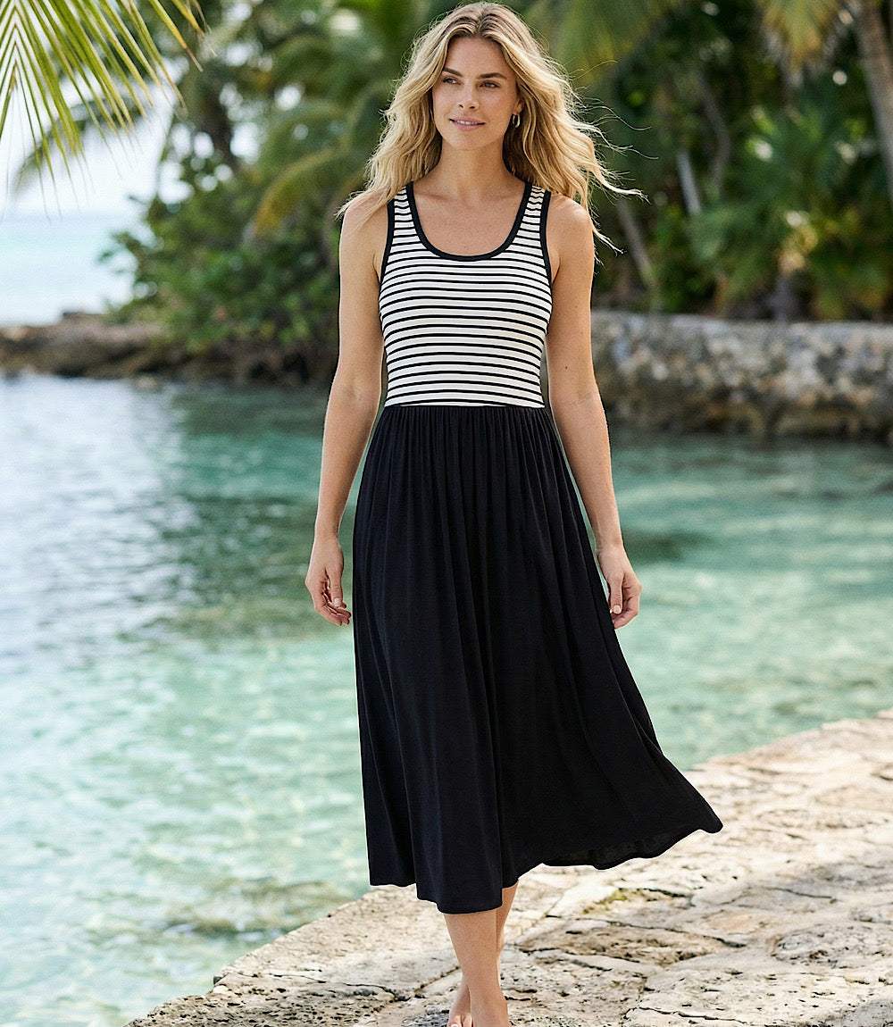 Sleeveless Stripe Bodice Mixed-Media Midi Dress