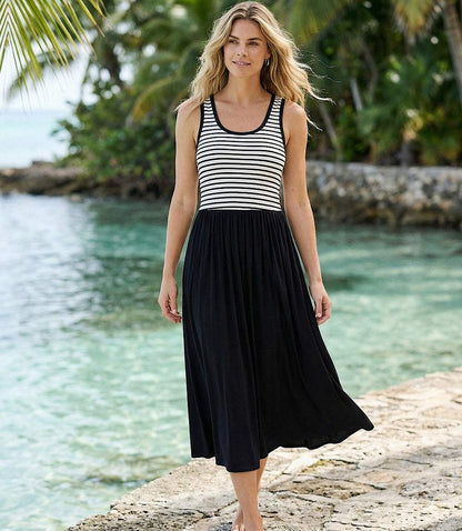Sleeveless Stripe Bodice Mixed-Media Midi Dress