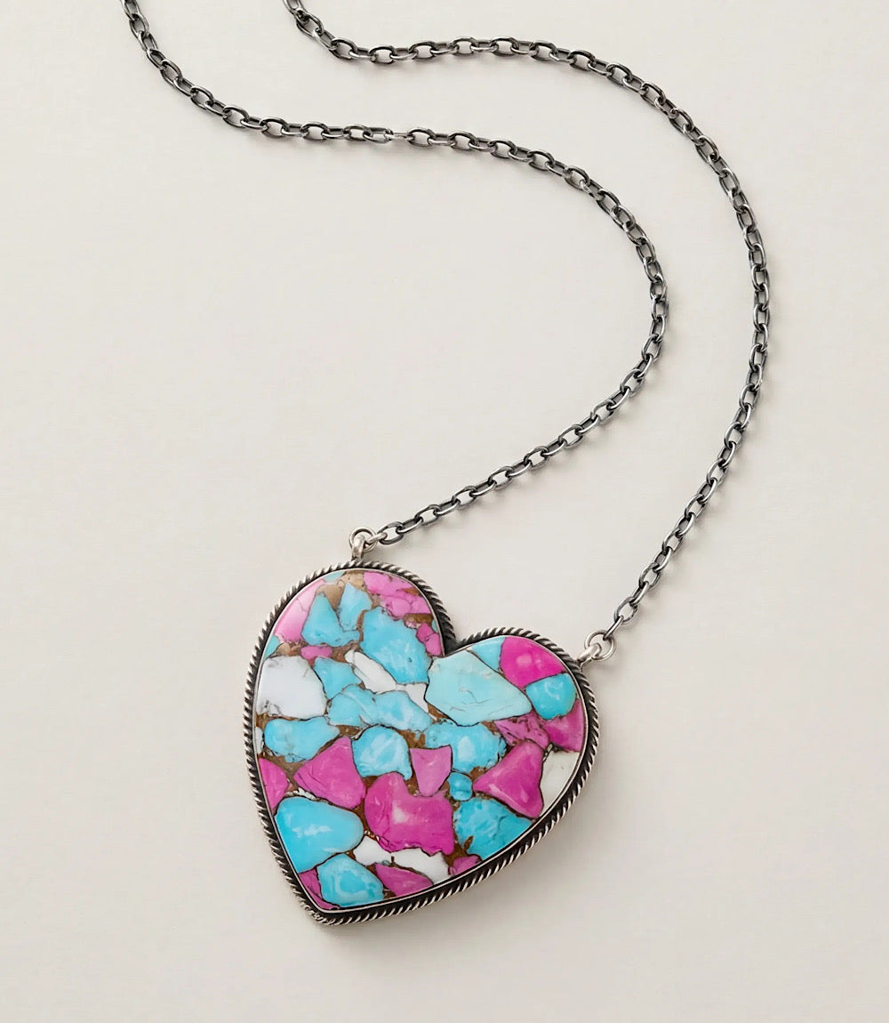 Large Cotton Candy Turquoise Heart Necklace