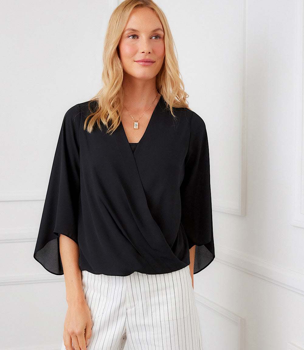 Petite Size Bracelet Sleeve Drape Front Crossover Top