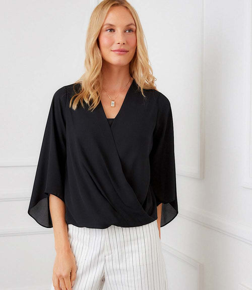 Petite Size Bracelet Sleeve Drape Front Crossover Top