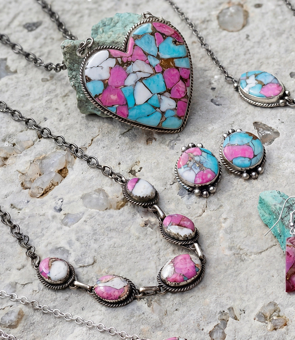 Large Cotton Candy Turquoise Heart Necklace