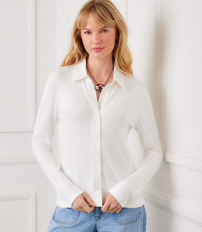 Ribbed Long Sleeve Button Front Top
