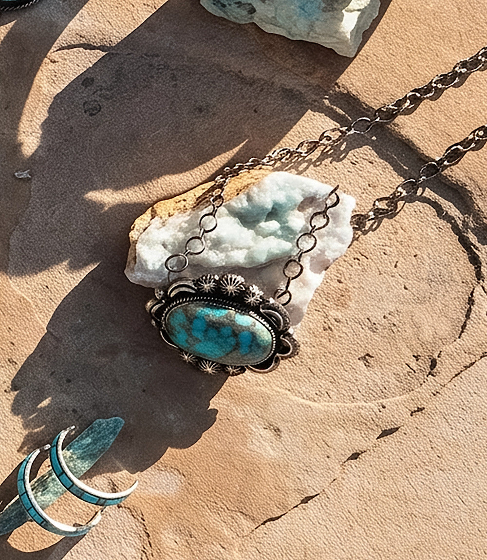 Embellished Oval Pendant Turquoise Necklace