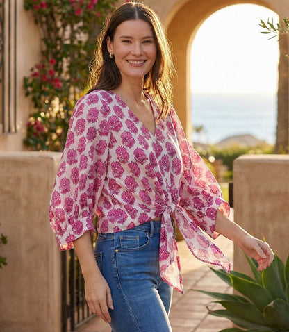 Blouson Sleeve Tie-Front Top