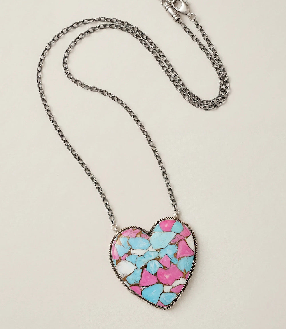 Large Cotton Candy Turquoise Heart Necklace
