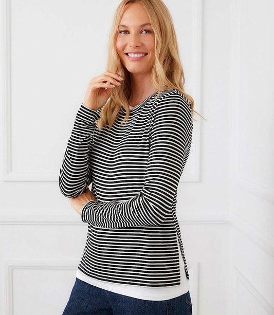 Petite Size Long Sleeve Stripe Double Layer Side-Slit Top