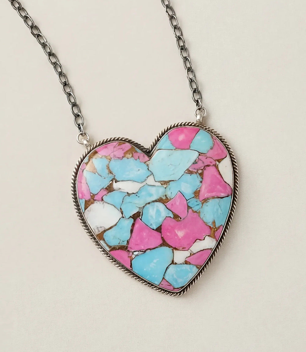 Large Cotton Candy Turquoise Heart Necklace