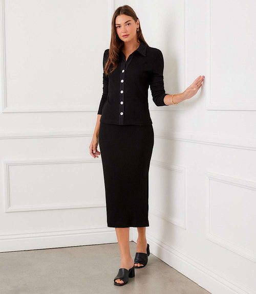 Ribbed Side-Slit Midi Skirt