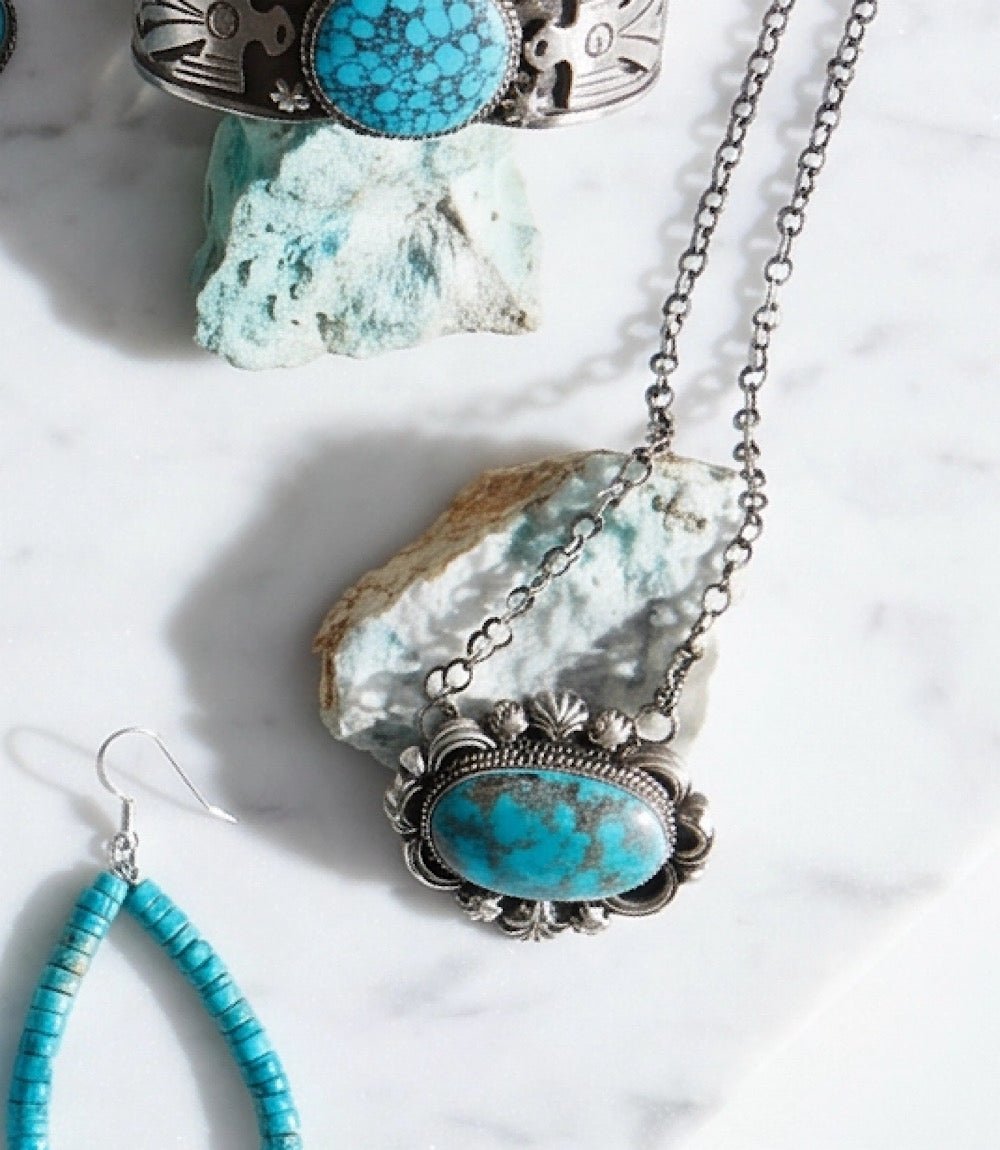 Embellished Oval Pendant Turquoise Necklace