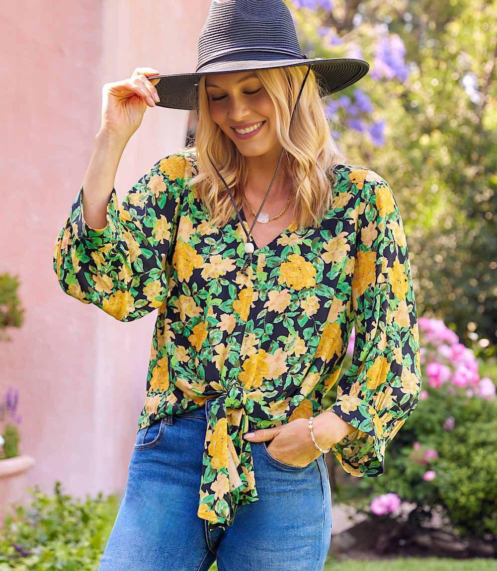 Blouson Sleeve Tie-Front Top