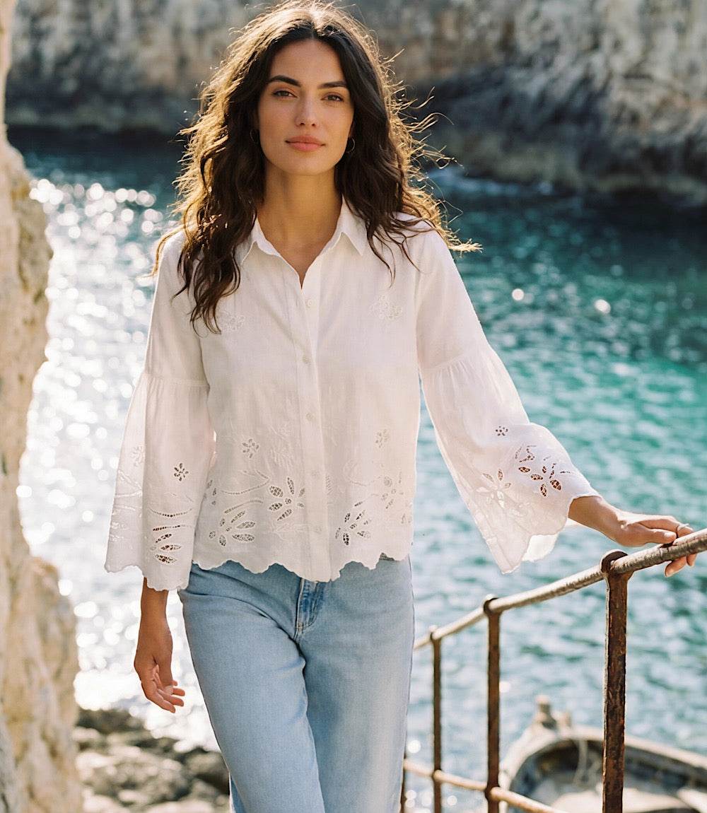 Embroidered Bell Sleeve Button Front Blouse