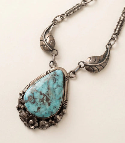 Vintage Turquoise Pendant Silver Feather Necklace