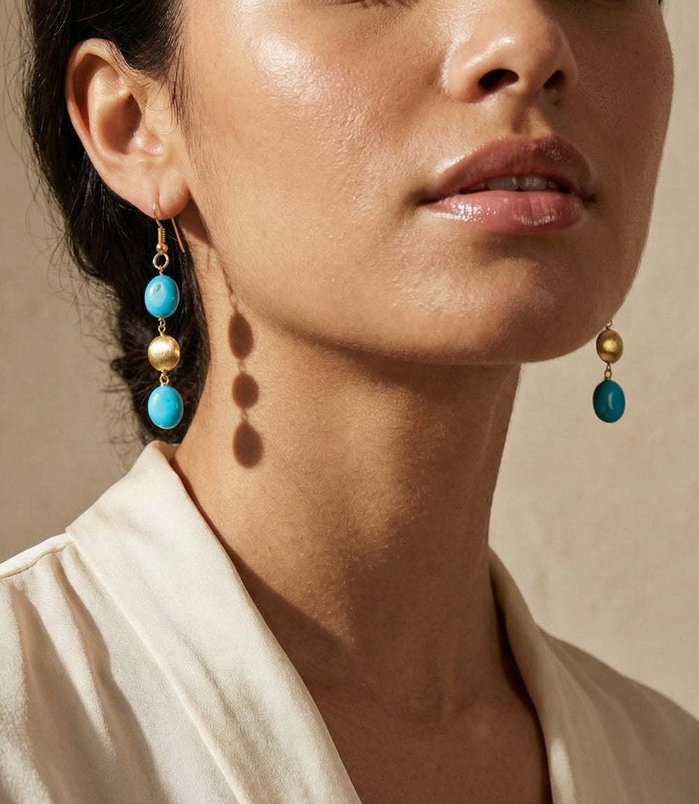 Turquoise And Gold Triple Drop Earrings