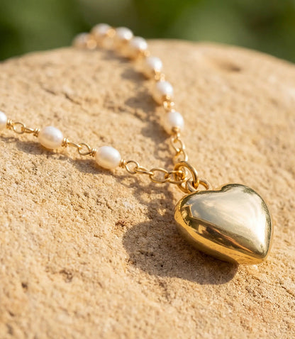 Beaded Pearl Heart Charm Necklace