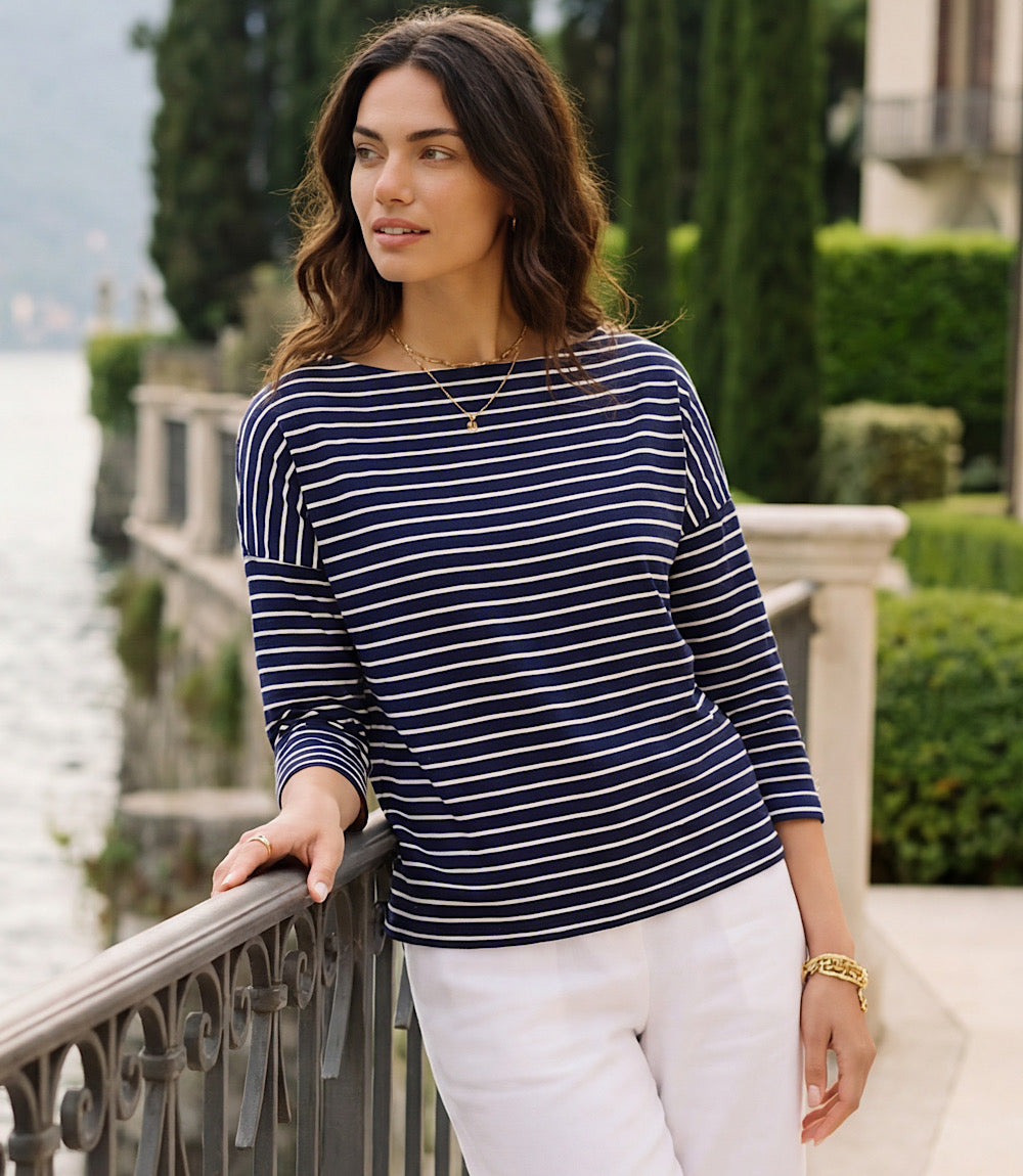 Petite Size Stripe 3/4 Sleeve Boatneck Top