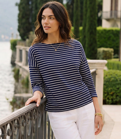 Stripe 3/4 Sleeve Boatneck Top