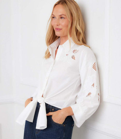 Blouson Sleeve Embroidered Tie-Front Top