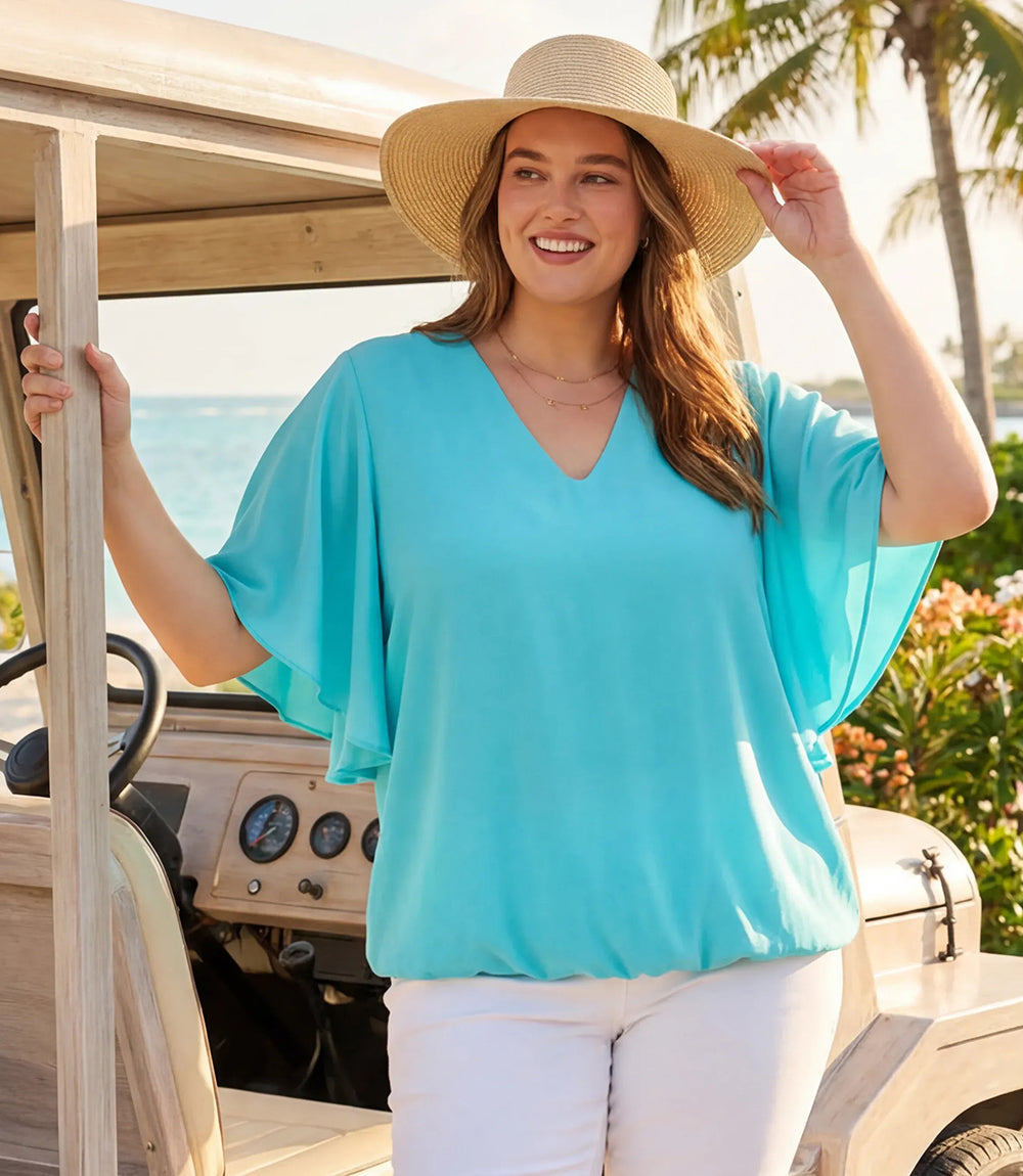 Plus Size Flutter Sleeve V-Neck Top