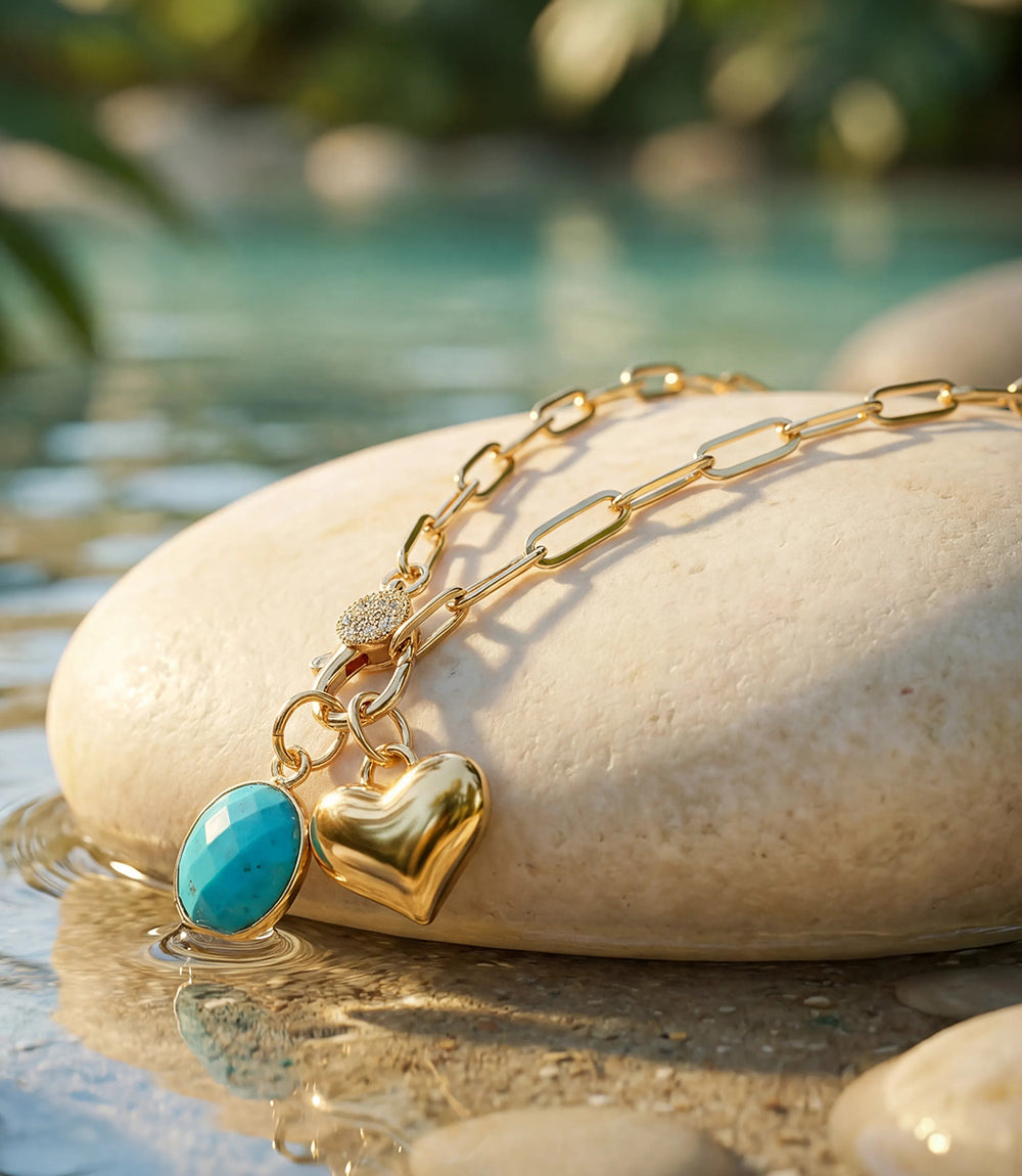 Turquoise Stone And Heart Charm Necklace