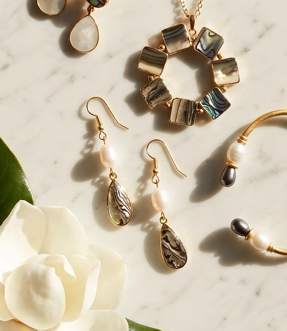 Abalone And Pearl Teardrop Earrings