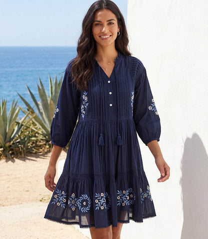 Blouson Sleeve Embroidered Lace Trim Tiered Dress