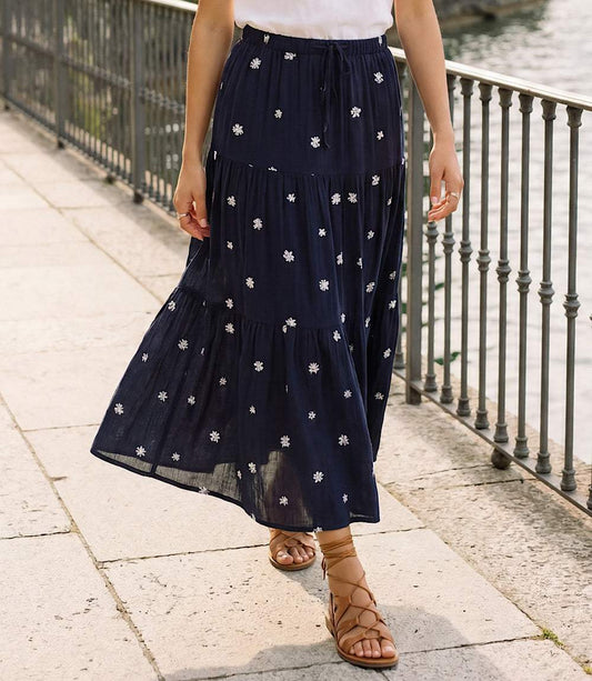 Embroidered Tiered Midi Skirt