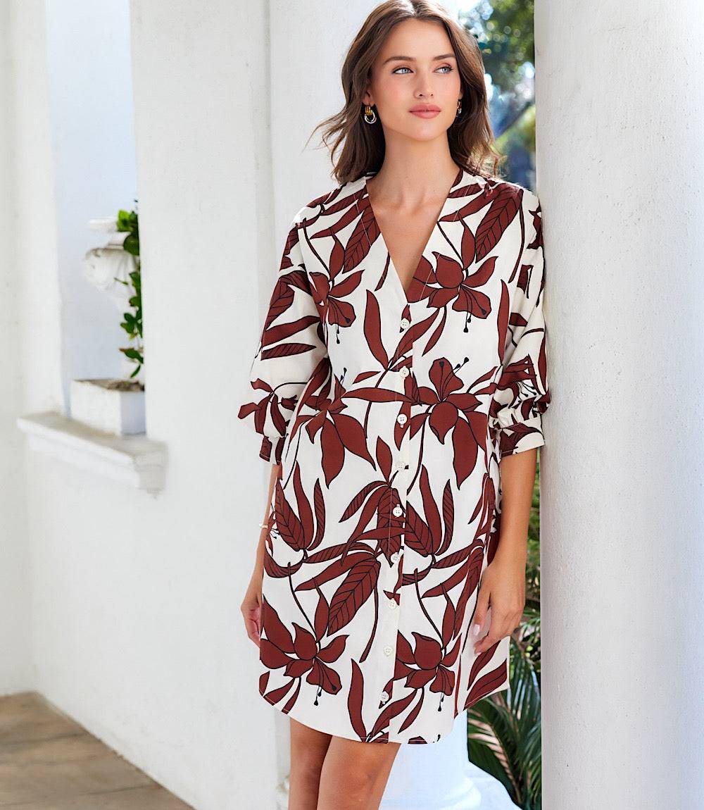 Lantern Sleeve Button-Front Dress