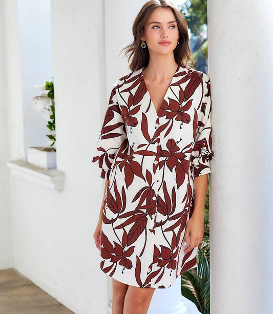 Lantern Sleeve Button-Front Dress