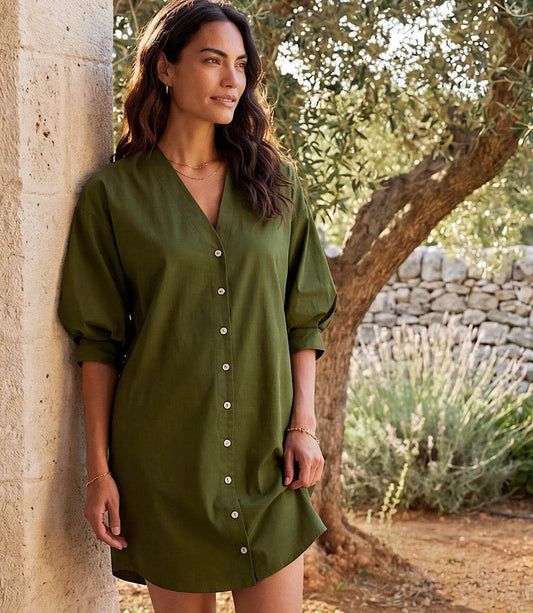 Lantern Sleeve Button-Front Dress