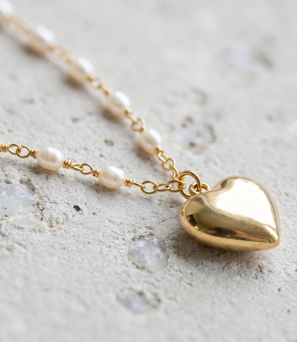 Beaded Pearl Heart Charm Necklace