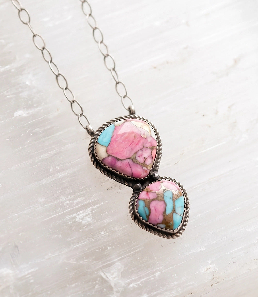 Cotton Candy Turquoise Double Teardrop Necklace