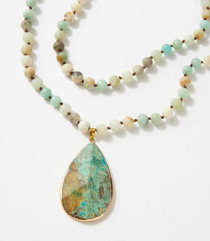 Long Beaded Amazonite Pendant Necklace