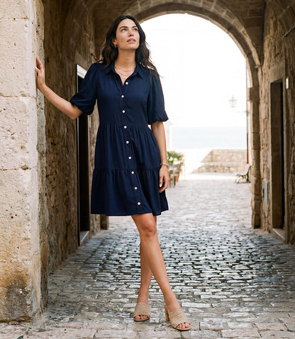 Puff Sleeve Tiered Shirtdress