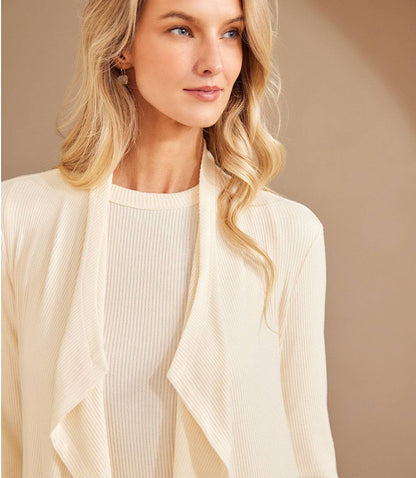 Petite Size Long Sleeve Ribbed Drape Front Cardigan