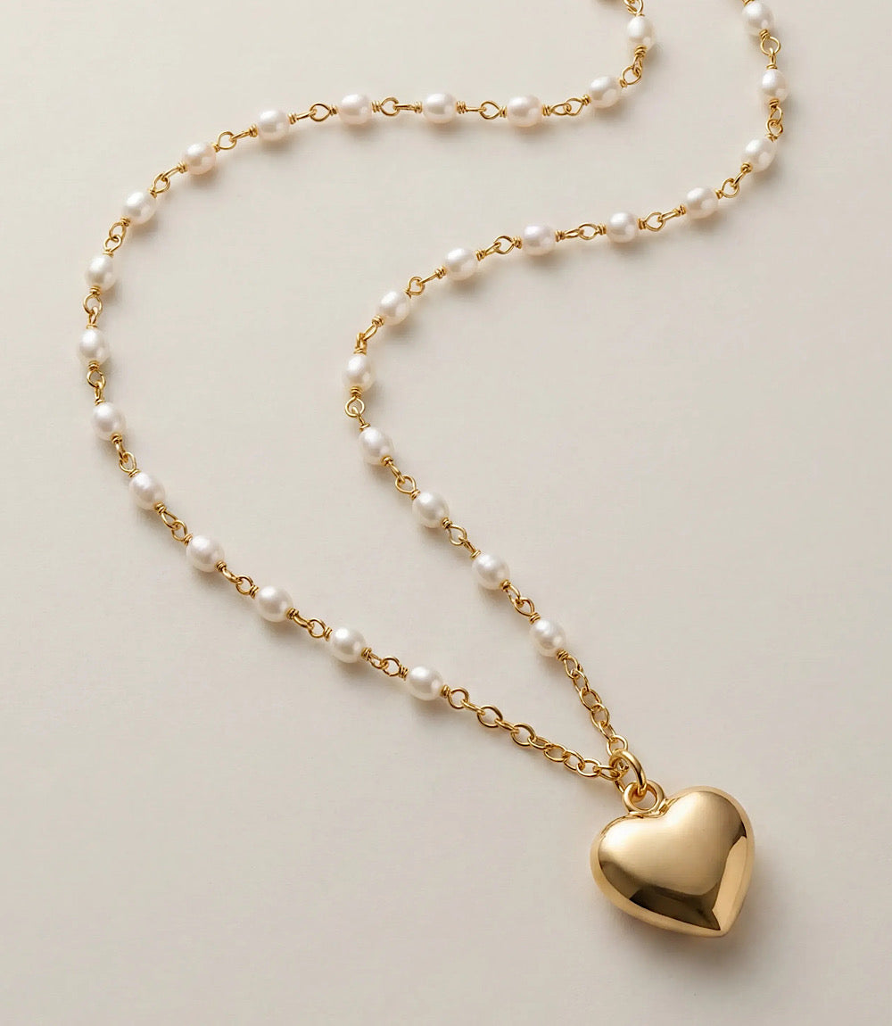 Beaded Pearl Heart Charm Necklace