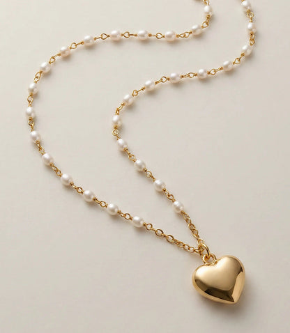 Beaded Pearl Heart Charm Necklace