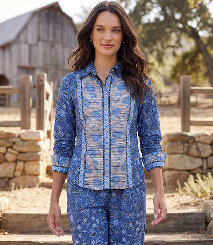 Ruched Sleeve Border Print Shirt