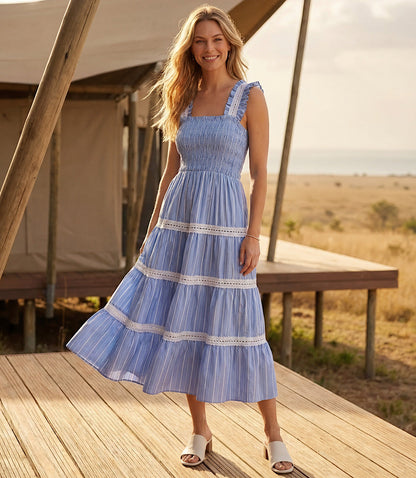 Stripe Sleeveless Tiered Midi Dress