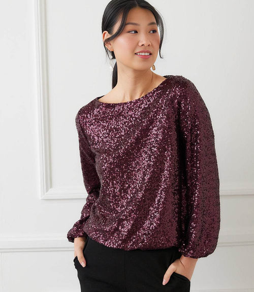 Blouson Sleeve Sequin Boatneck Top
