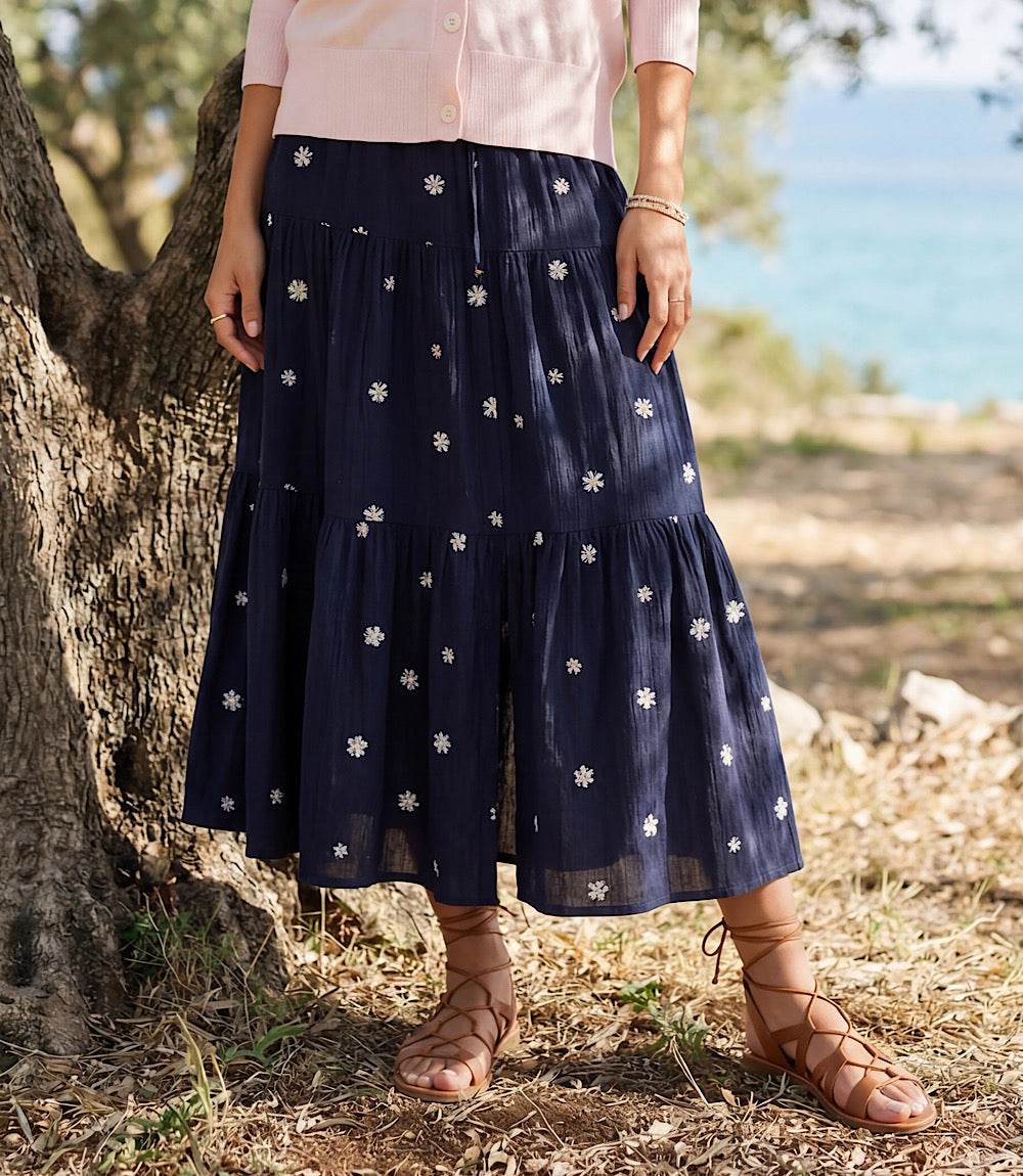 Embroidered Tiered Midi Skirt