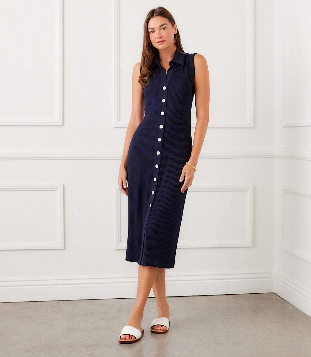 Ribbed Sleeveless Button Front Midi Dress