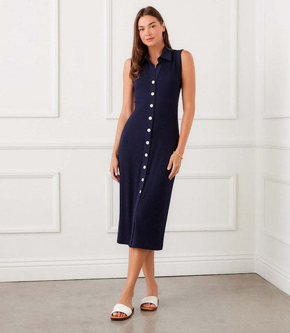 Ribbed Sleeveless Button Front Midi Dress