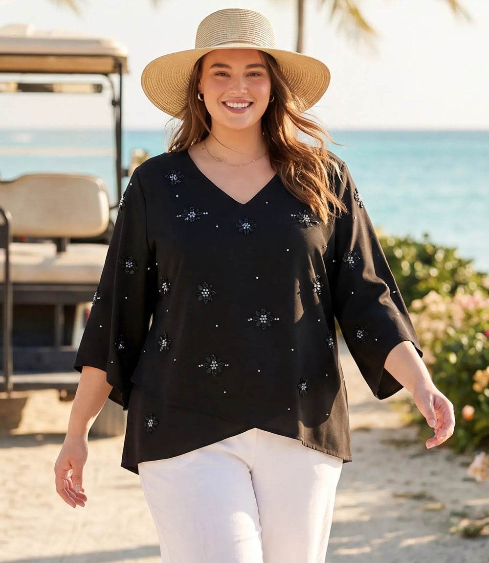 Plus Size Bracelet Sleeve Embellished Asymmetric Top