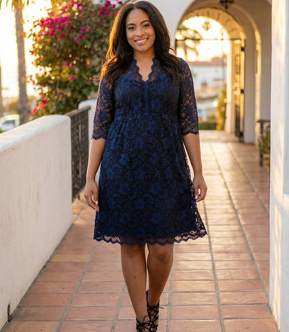 Plus Size V-Neck Scallop Lace Dress