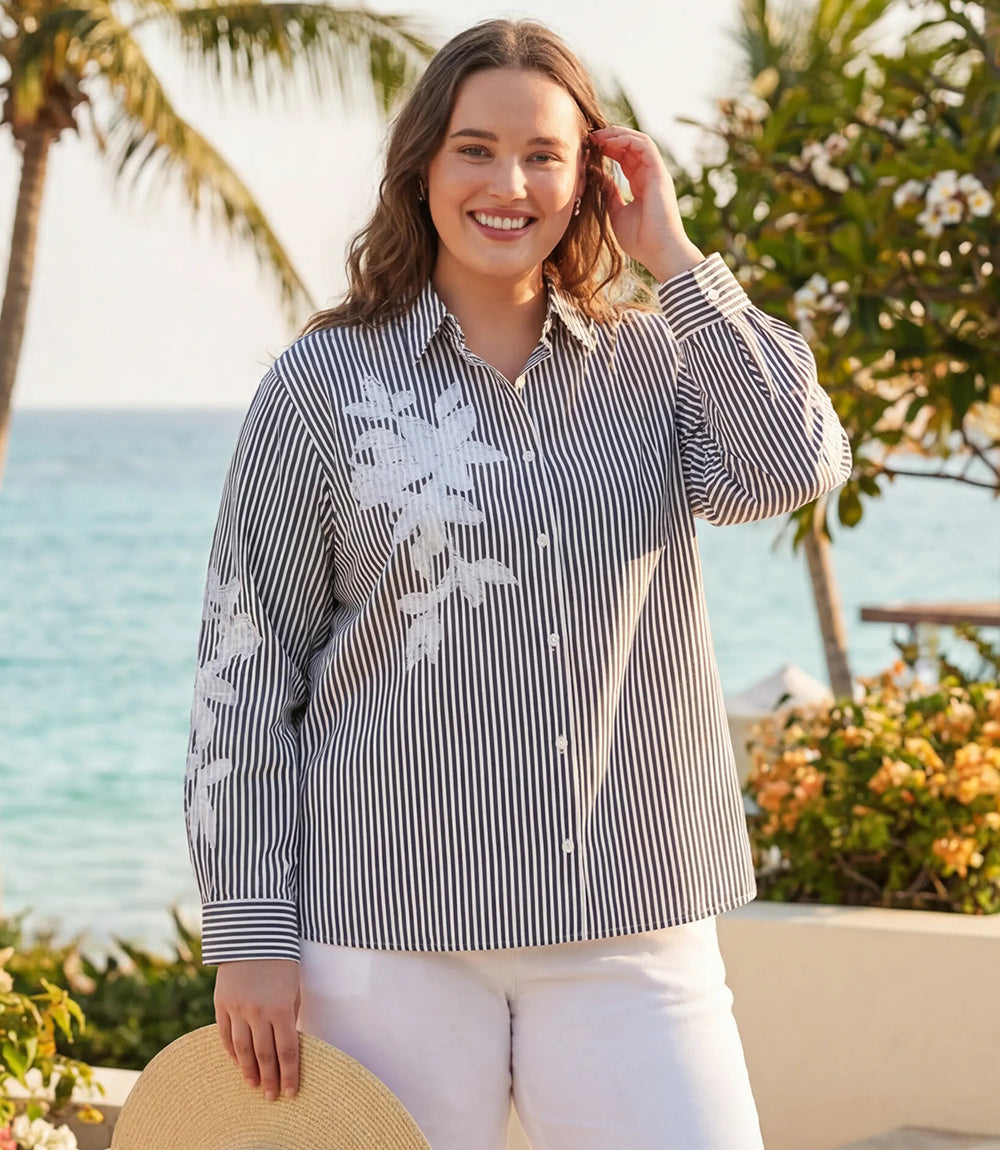 Plus Size Long Sleeve Stripe Embroidered Shirt
