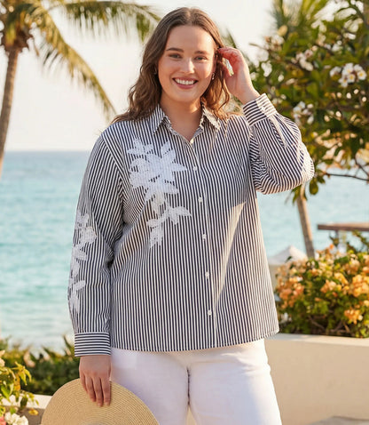 Plus Size Long Sleeve Stripe Embroidered Shirt
