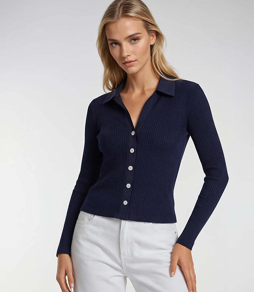 Ribbed Long Sleeve Button Front Top