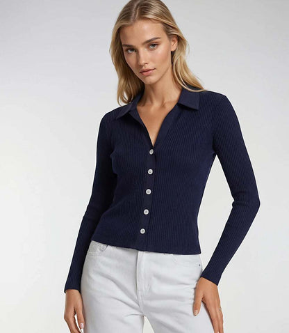 Ribbed Long Sleeve Button Front Top